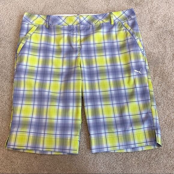 Puma golf plaid tech shorts persian violet Sz 12 NWT neon yellow purple - Picture 2 of 14